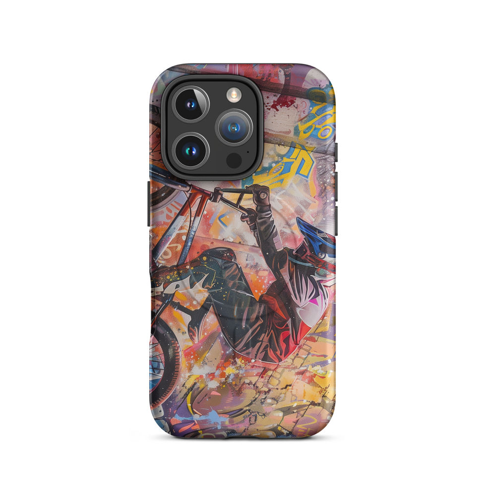 Graffiti Grind MagSafe Tough case for iPhone 16 Pro, BMX rider amid pink and yellow graffiti, rear view on white