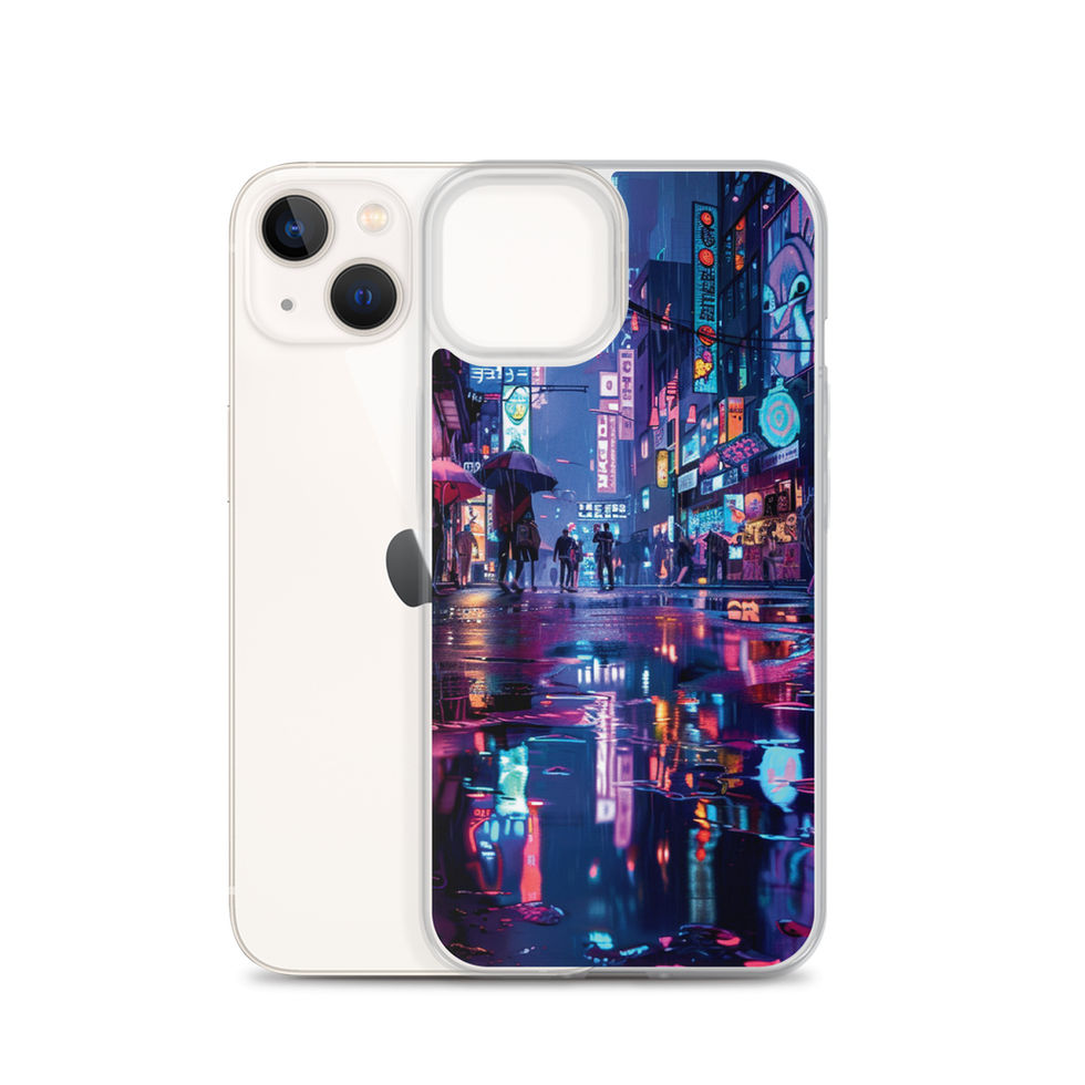 Neon Rainfall clear iPhone case with glowing rainy city reflections — gallery view 23