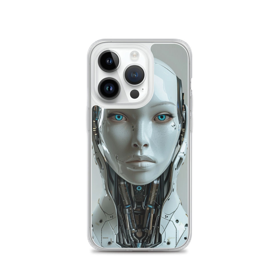 Aether Sentinel cybernetic face in sci-fi style; angled case mockup on an iPhone® Clear Case.