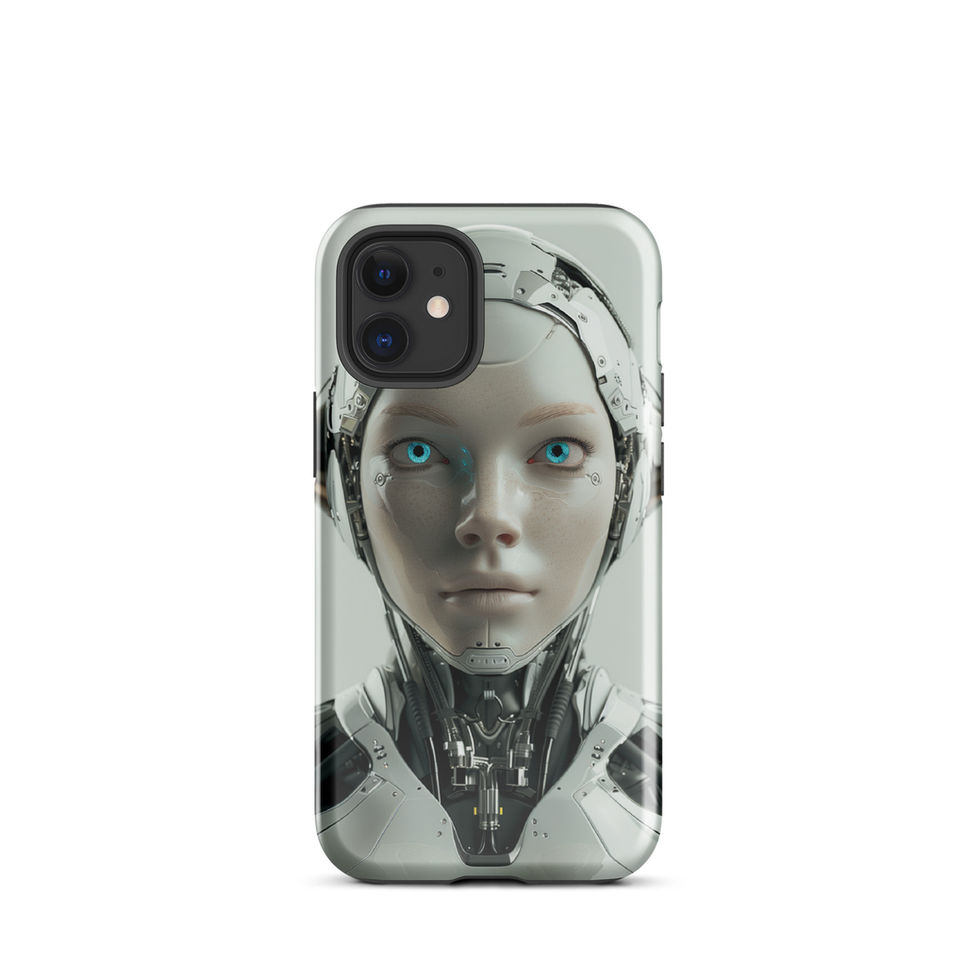 Futuristic robot woman with balanced blue eyes; front product view on an iPhone® Tough Case.