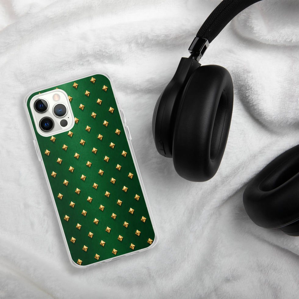 Emerald Gilt Diamonds clear case for iPhone 12 Pro, gold-look diamonds on emerald green, alternate view 2