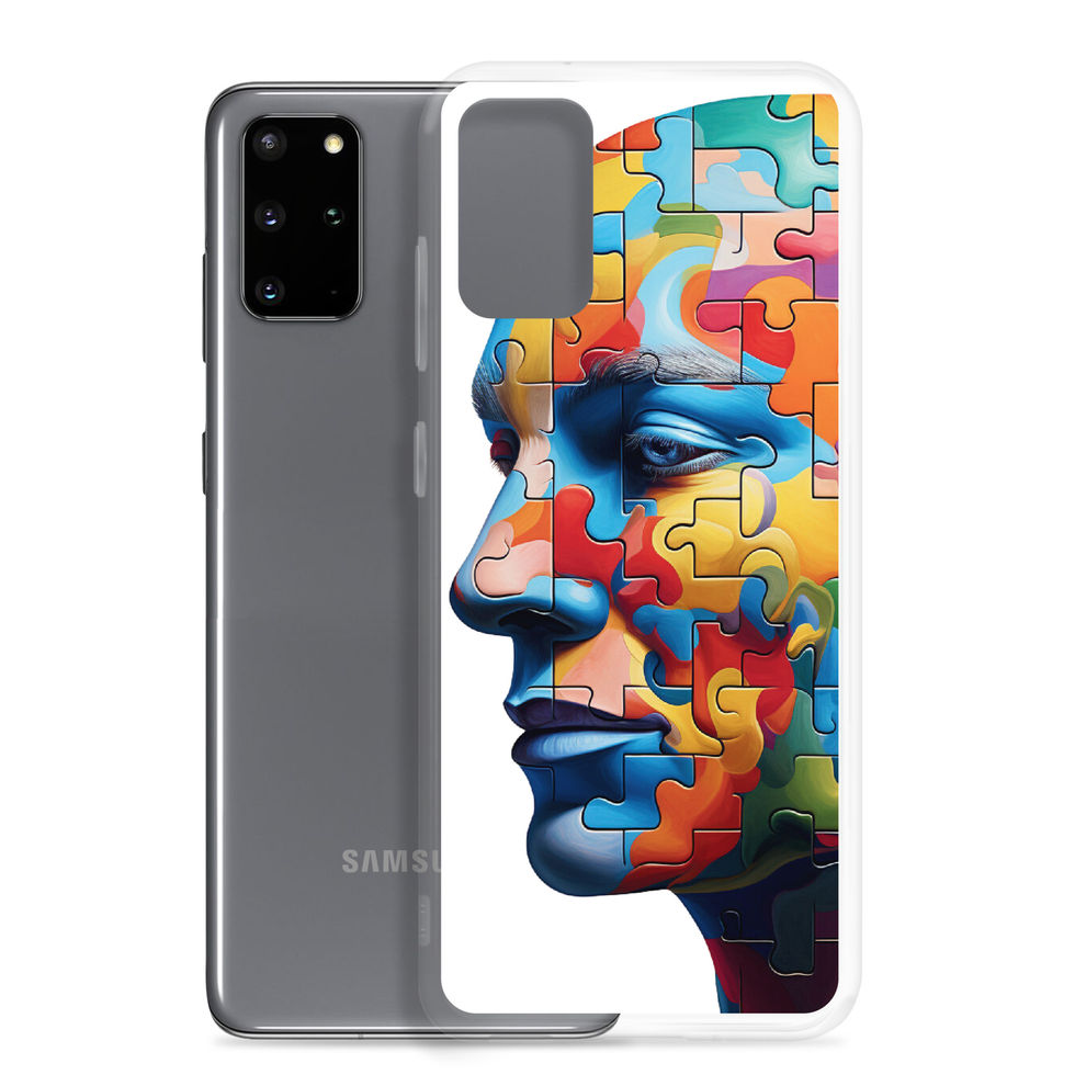 Mind in Pieces clear Samsung phone case with fractured portrait artwork, camera corner detail