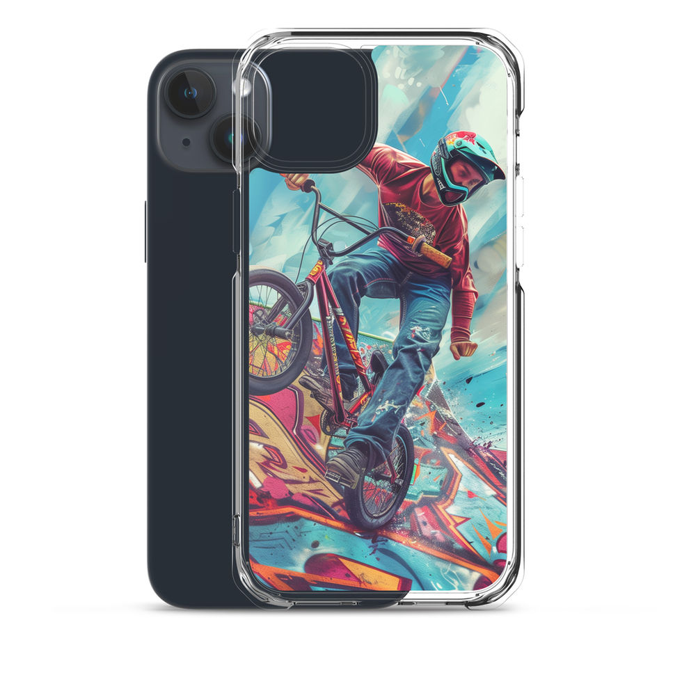 Ramp Rebel Clear case for iPhone 15 Plus, red-jacketed BMX rider and graffiti, rear view on white