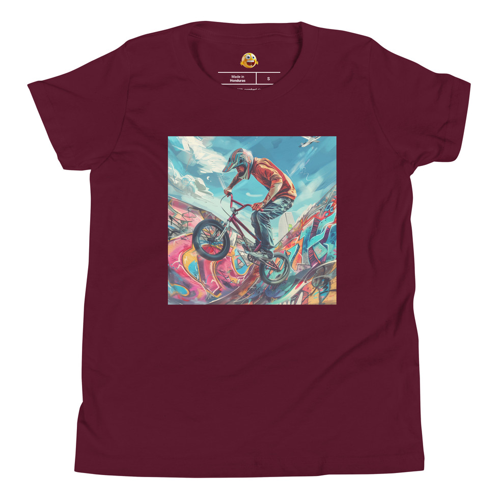 Graffiti Rampage: maroon youth short-sleeve T-shirt with a red-shirted BMX rider on bright graffiti