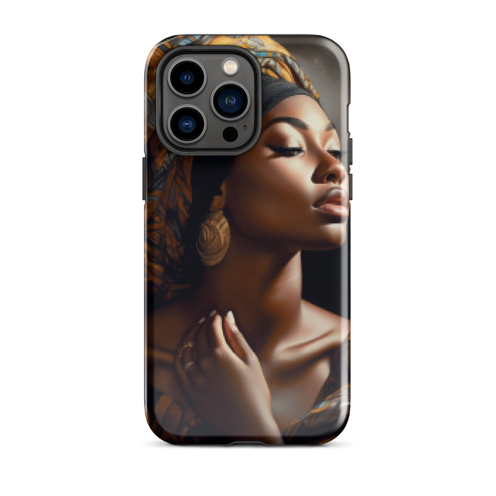 Protective mobile accessory features ornate headwrap details and warm light
