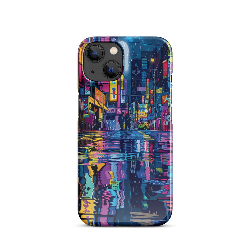 Neon Rain snap case for iPhone displaying night-time city artwork with luminous pavement reflections.