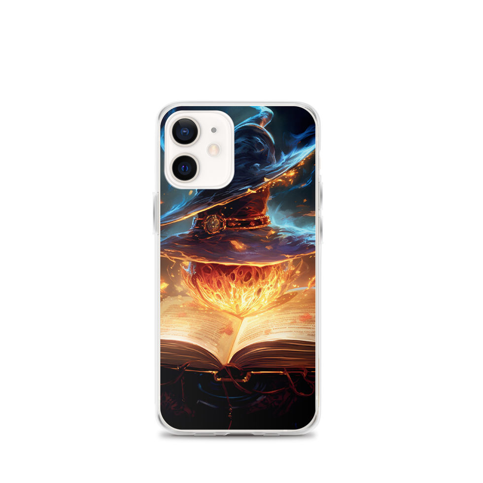 Arcane Ember clear iPhone case: a dark fantasy scene with glowing pages; rear artwork.