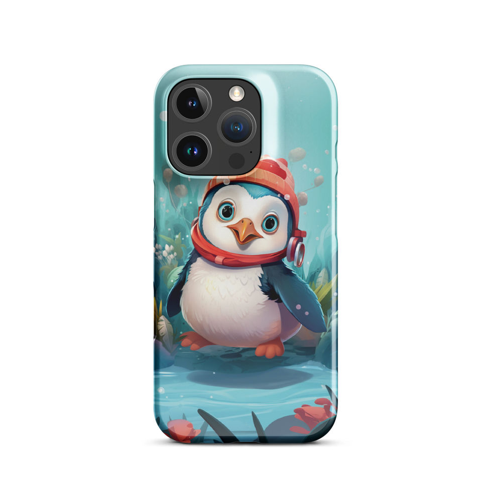 Aquatic penguin-mockup-23 showing Aqua Explorer artwork on an iPhone snap phone case
