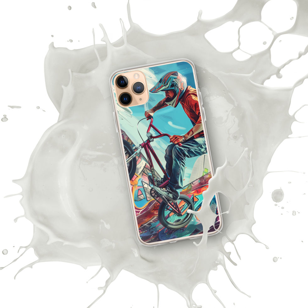 Urban Freestyle Clear case for iPhone 11 Pro Max, BMX rider and colourful graffiti, white paint splash background