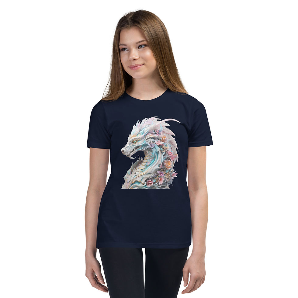 Floral Majesty: navy blue youth short-sleeve T-shirt with a pale blue dragon with pink flowers, worn by child