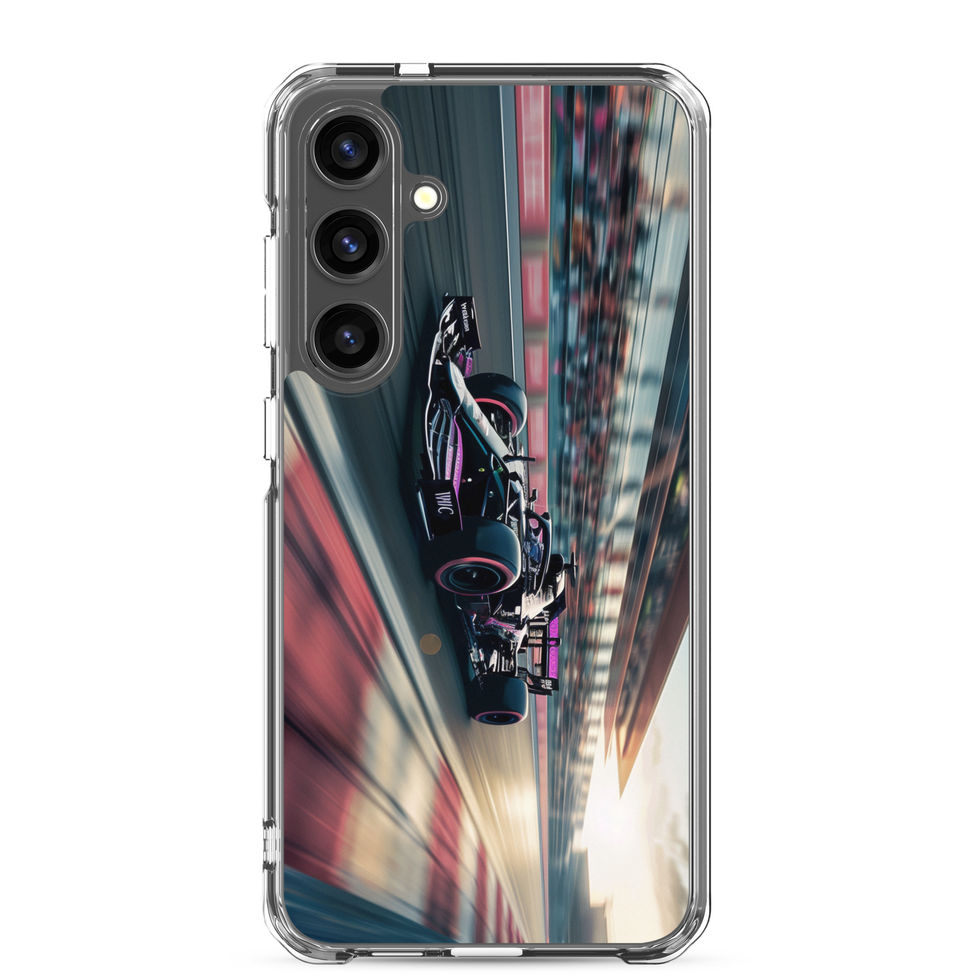 Black n Purple Power Clear case for Galaxy S24 Plus, black and purple race car artwork, rear view on white