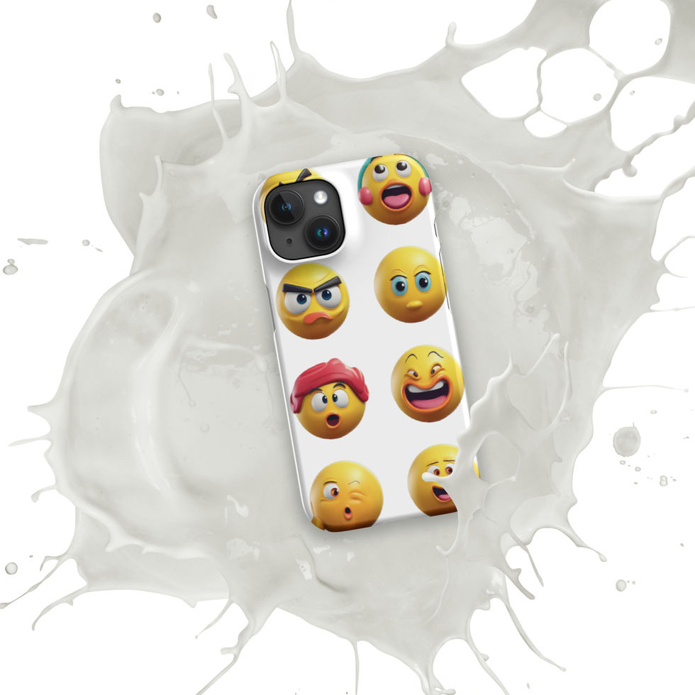 Emoji Frenzy snap iPhone case showing mixed laughing faces across its upright design, over a white paint splash.