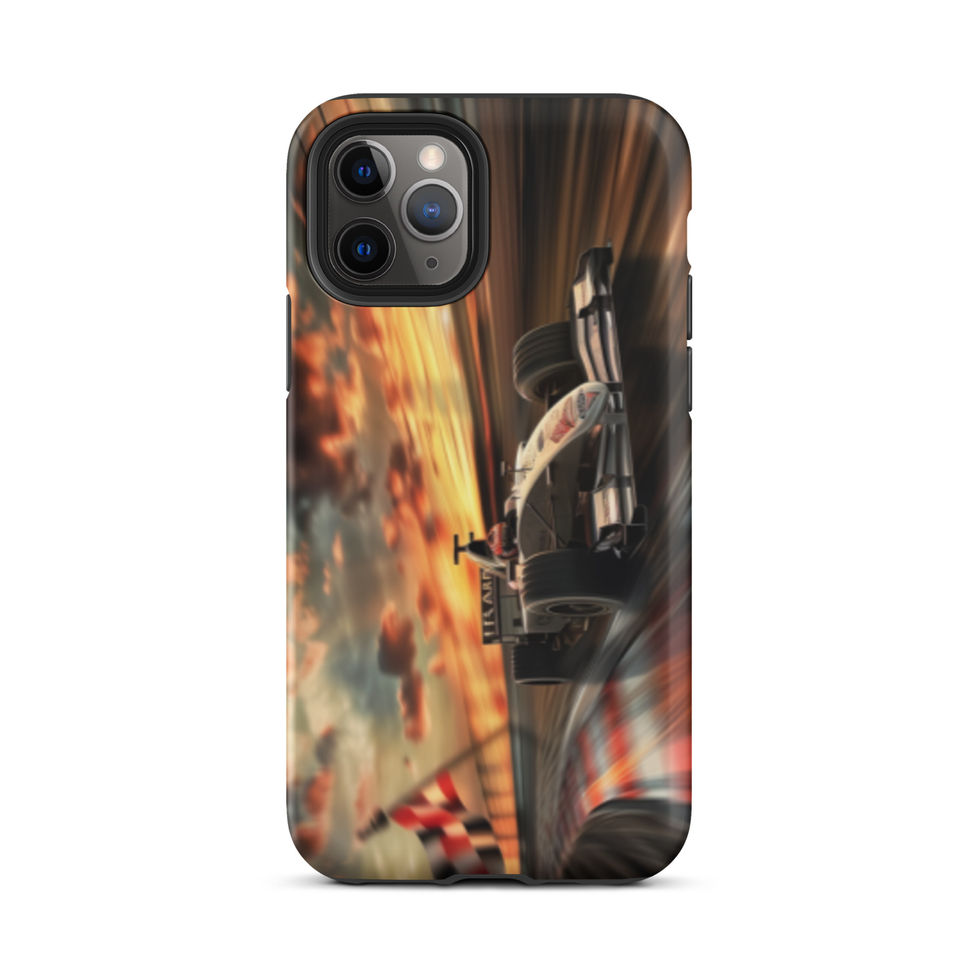 Sunset Speed Tough case for iPhone 11 Pro, dark race car on golden sunset track, rear view on white background