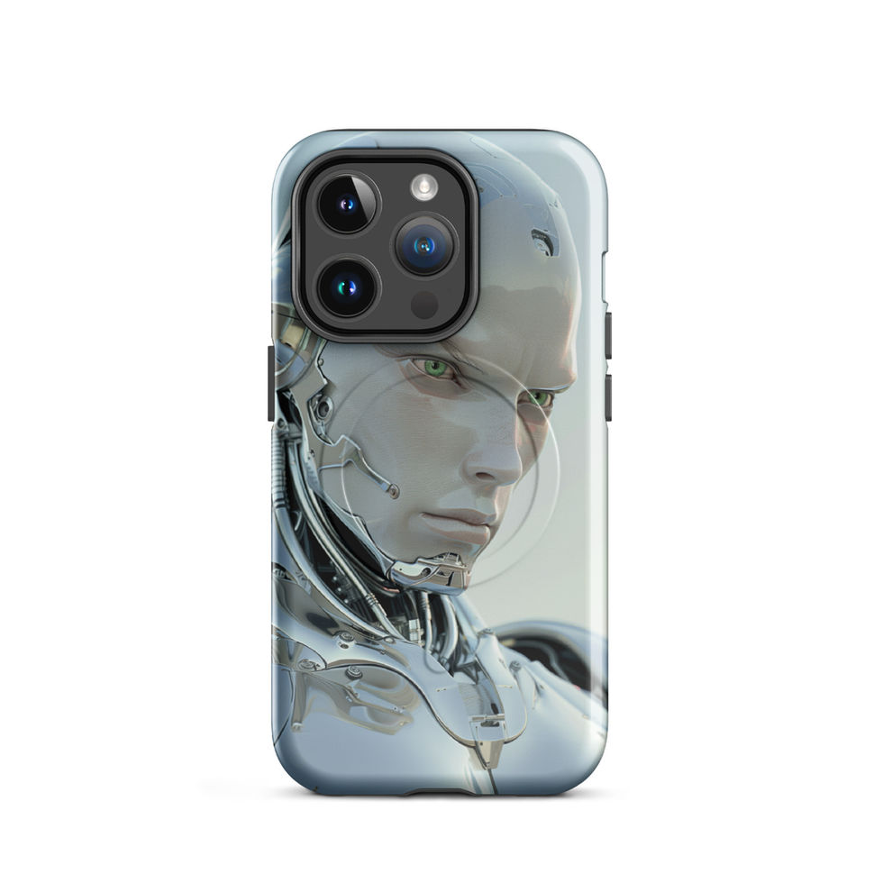 Chrome Sentinel MagSafe iPhone case — pale green artificial-intelligence eyes beside the iPhone camera opening