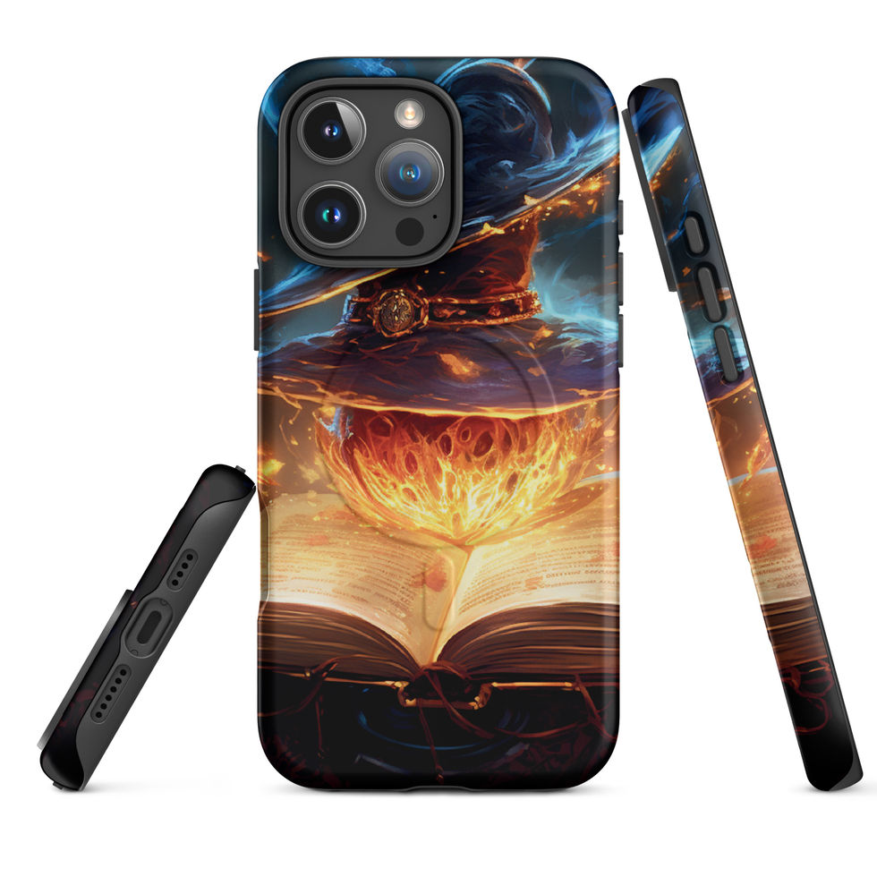 Arcane Ember MagSafe iPhone case: firelit pages on a black lower background, propped beside its side profile.