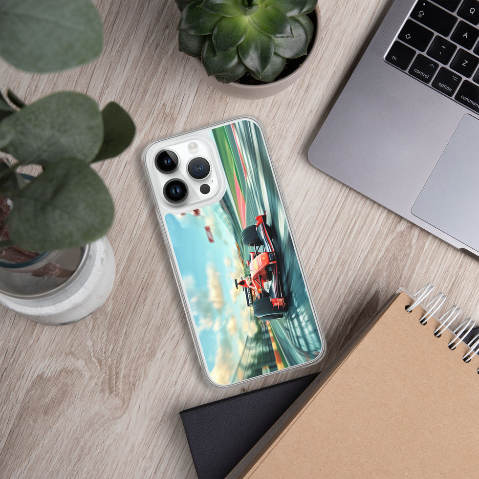 Pole Position Clear case for iPhone 14 Pro Max, red racing car on green track, light desk with laptop and plants