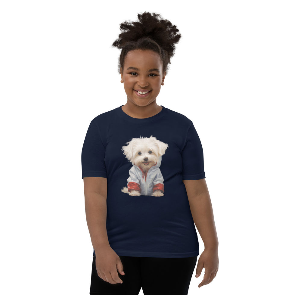Rainy Day Maltese: navy blue youth short-sleeve T-shirt with a puppy in a pale raincoat, worn by child