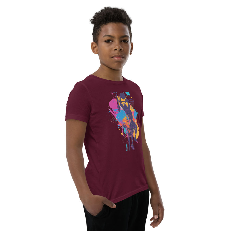 Painted Slam Dunk: maroon youth short-sleeve T-shirt with a basketball dunk and paint splashes, child turned right