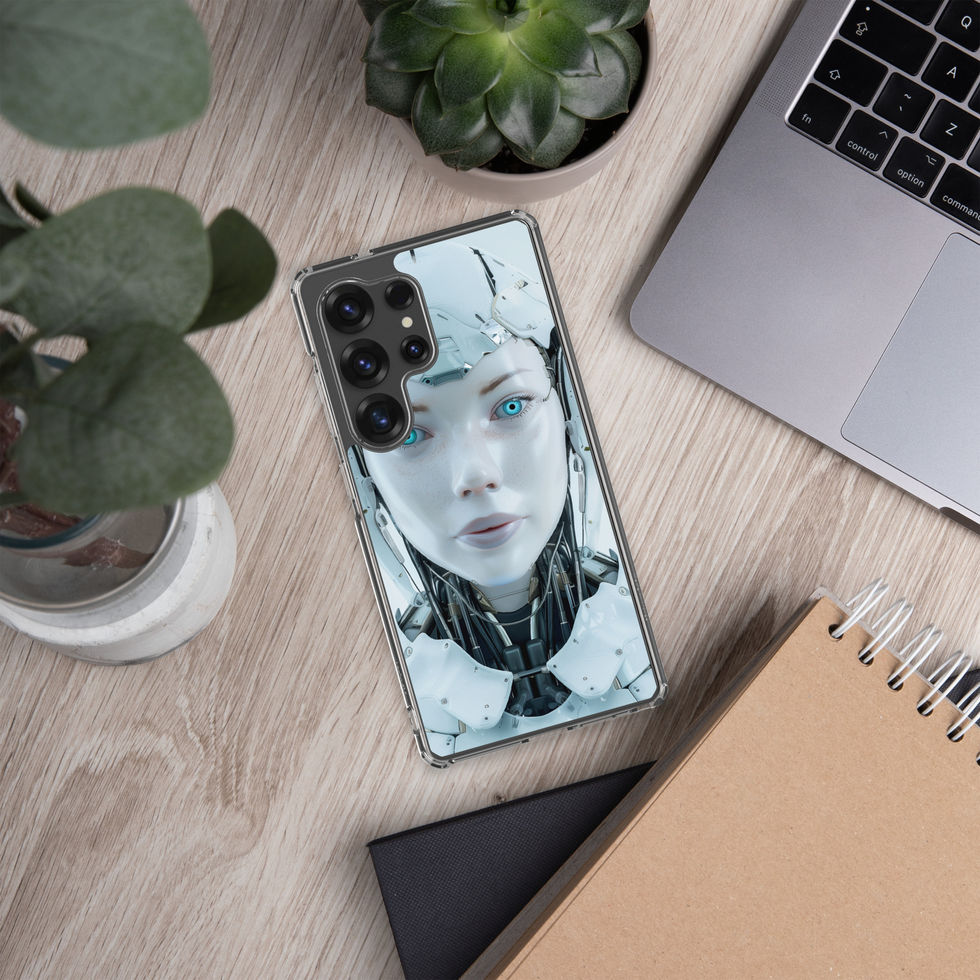 White silver robot face artwork on a slim clear Galaxy cover – transparent-edge phone preview