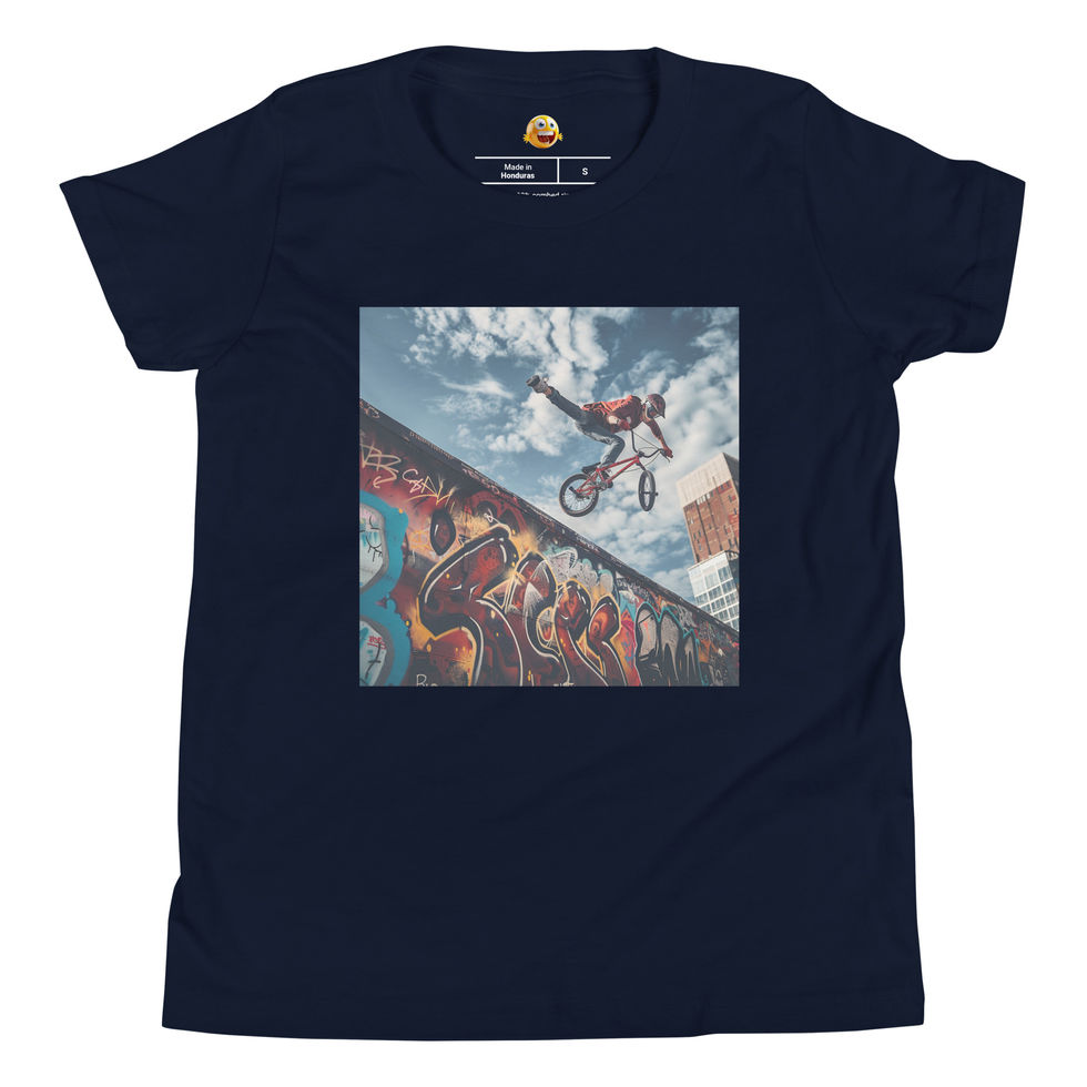 Sky High BMX: navy youth short-sleeve T-shirt with a BMX rider above a graffiti ramp under clouds