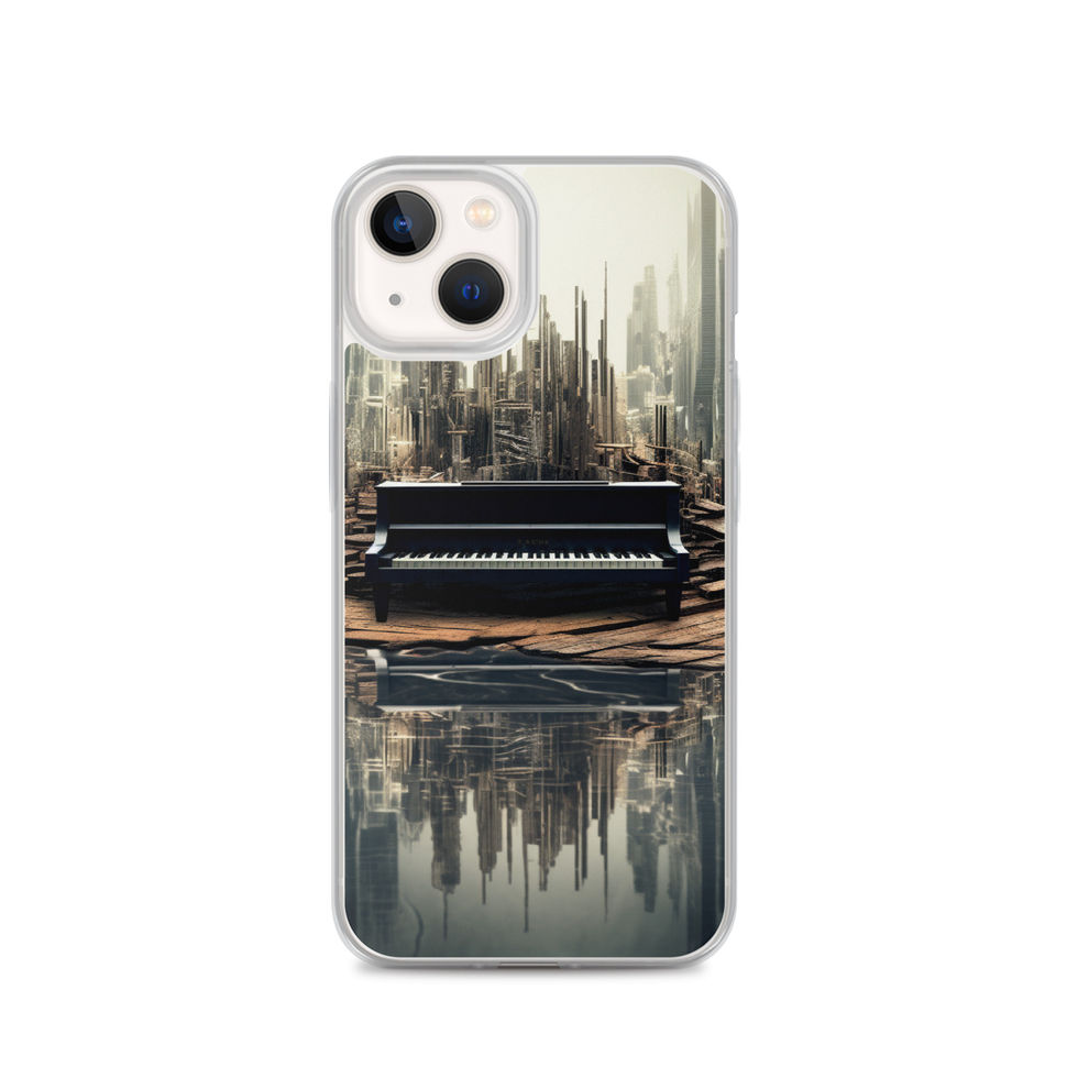 Urban Sonata clear iPhone case in a dark desktop setting, rear view of the piano skyline artwork, image 22.