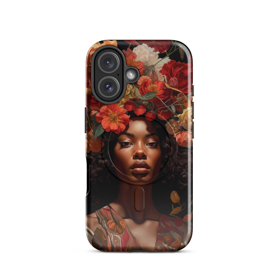 Broad iPhone 16 Plus cover showing luminous blossoms around a poised face