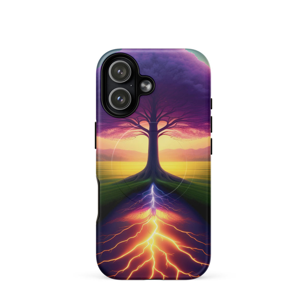 Ethereal Roots MagSafe iPhone case with glowing roots under a central tree.