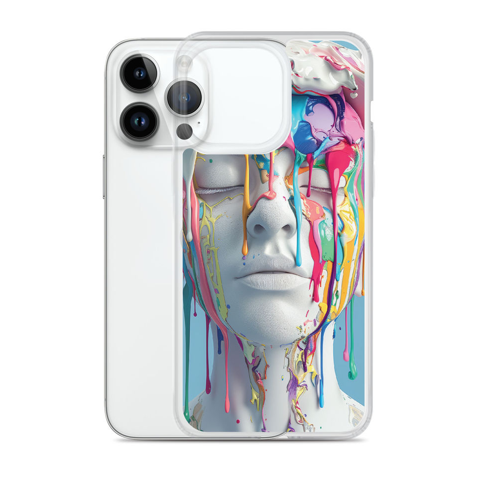 Chromatic Awakening clear iPhone case with vivid expressive portrait artwork, clean studio view, image 27