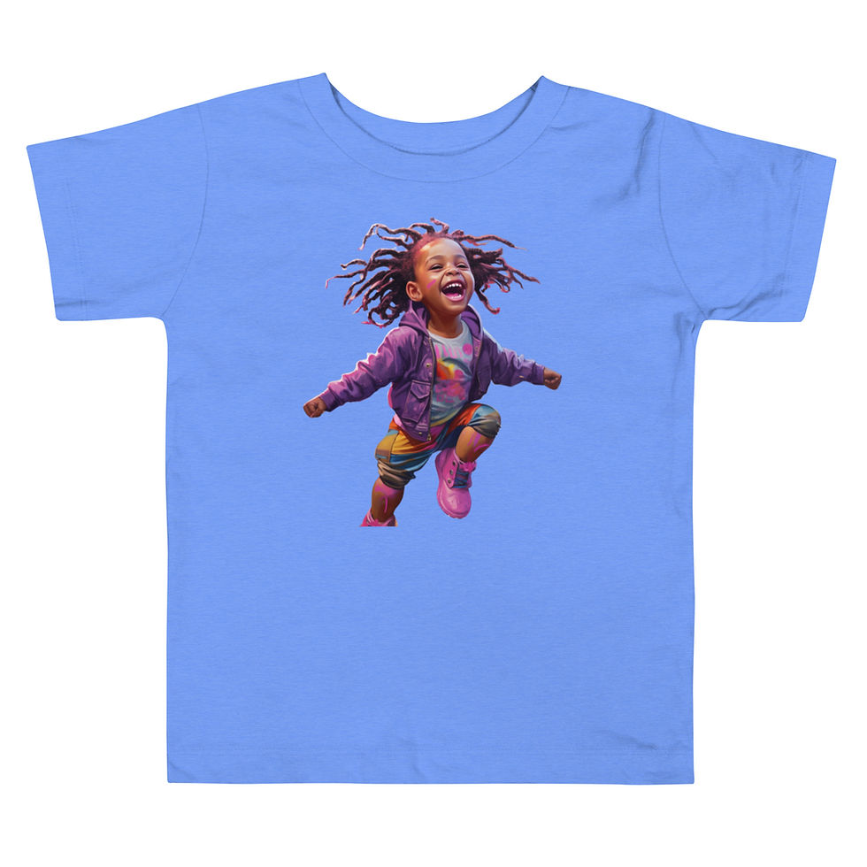 Joyful Burst: blue toddler short-sleeve T-shirt with a laughing child with colourful braids