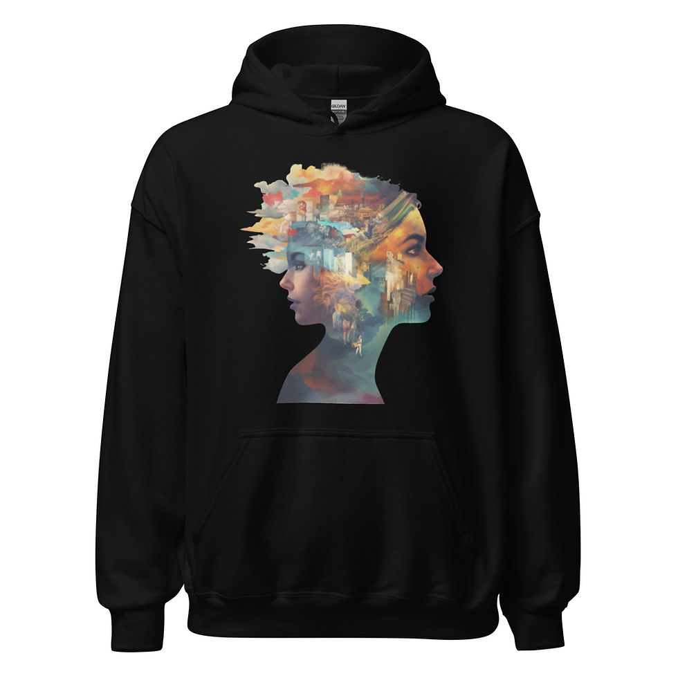 Memories in Motion: black unisex hoodie with opposing female faces in a colourful collage