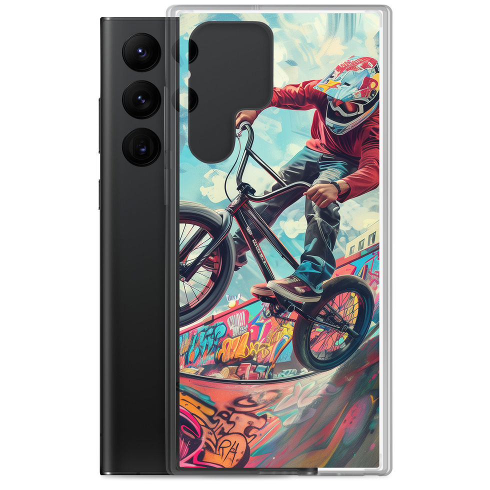 Urban Thrill Clear case for Galaxy S22 Ultra, BMX rider above graffiti ramp, phone beside printed case on white