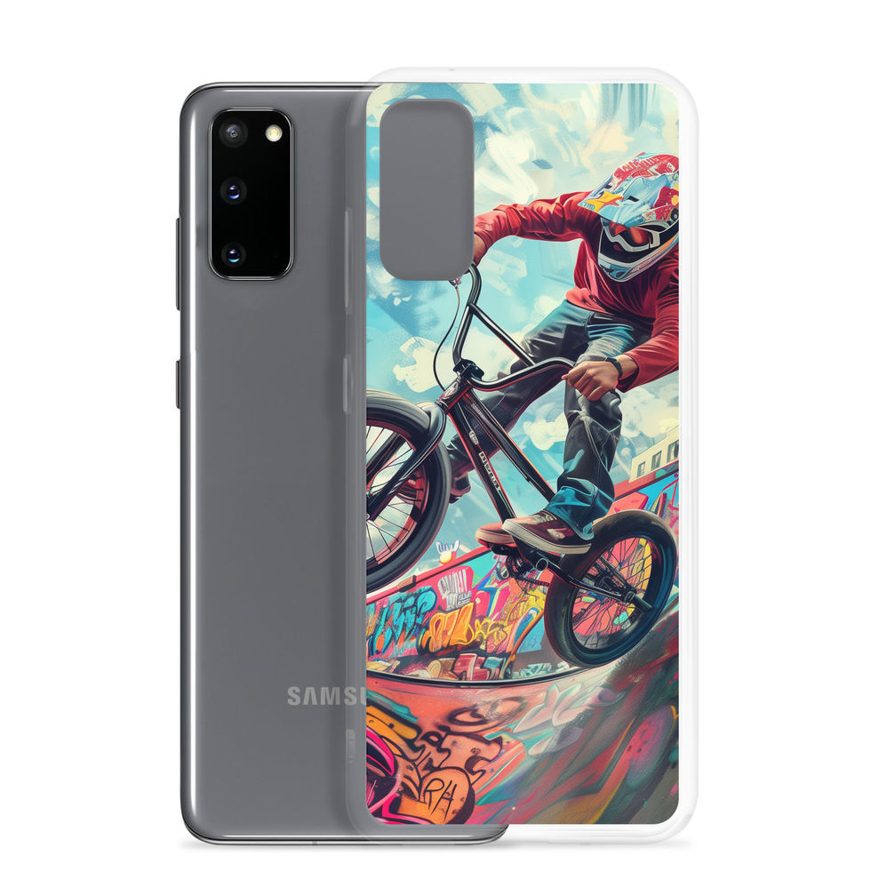 Urban Thrill Clear case for Galaxy S20, BMX rider above graffiti ramp, phone beside printed case on white