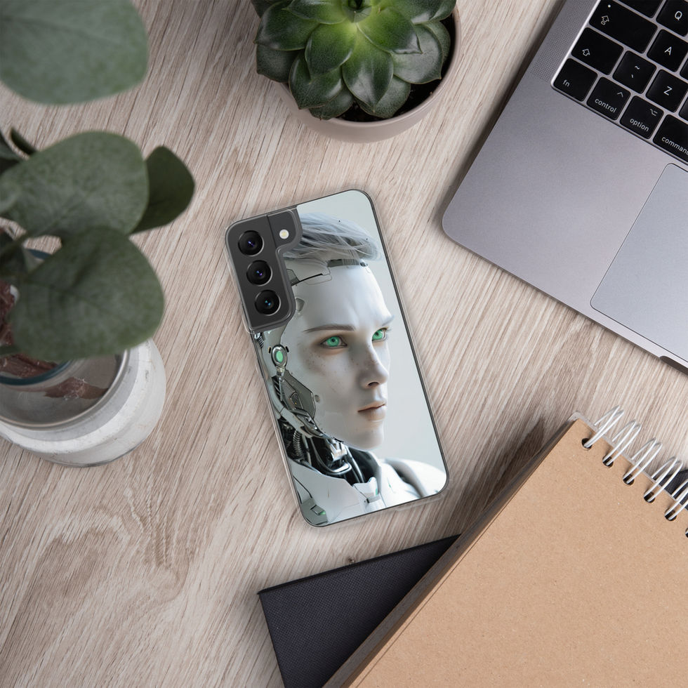 Quantum Guardian clear Samsung case with dark mechanical neck components in a clean gallery view