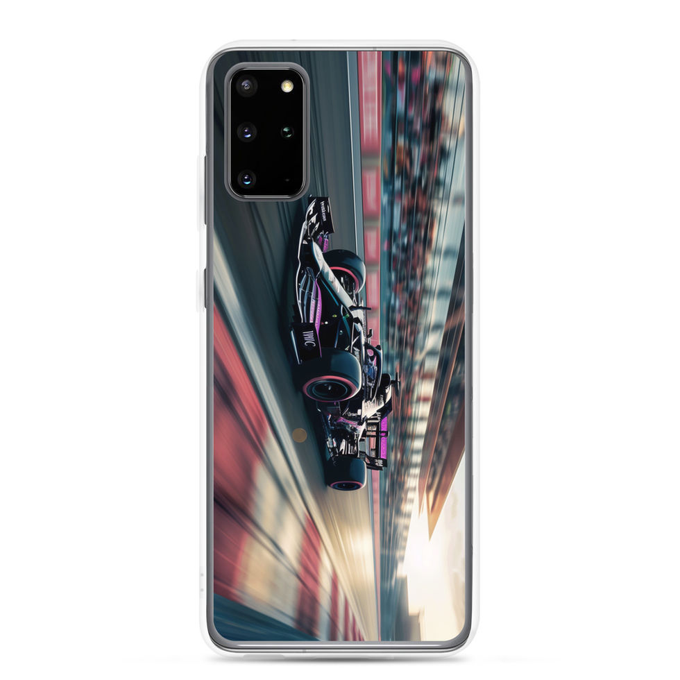 Black n Purple Power Clear case for Galaxy S20 Plus, black and purple race car artwork, rear view on white