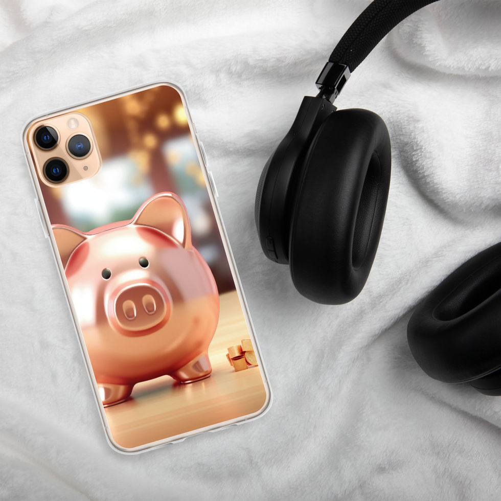 Golden Fortune clear iPhone case on white fabric beside headphones with a smiling pink pig on a wooden surface.