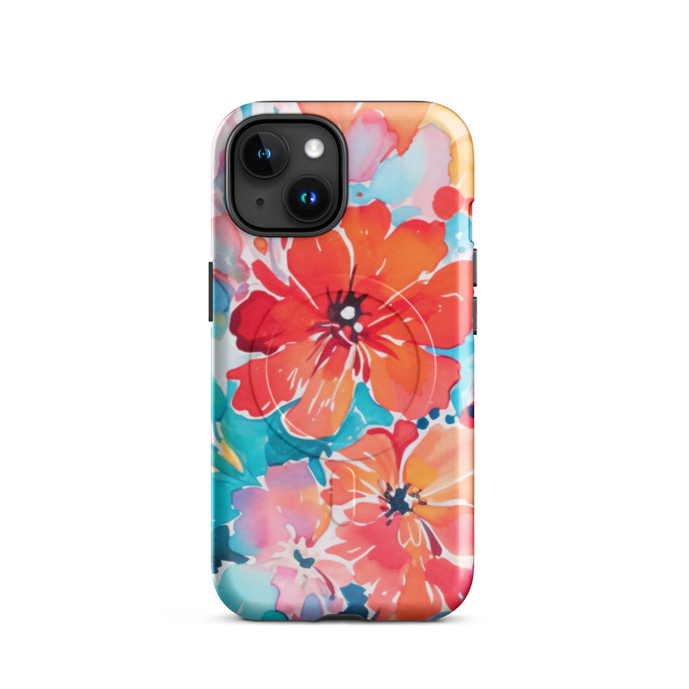 Sunset Petal Storm MagSafe tough case for iPhone 15 Plus, front view with blazing coral, crimson and gold petals