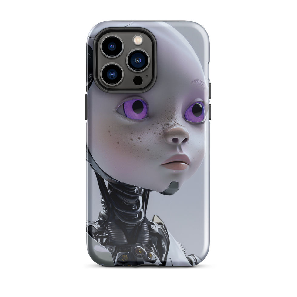 Cybernetic child portrait on protective iPhone mobile cover, camera-side display