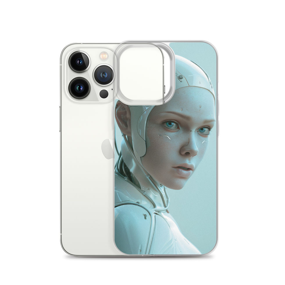 Ivory Ascension female android in three-quarter view; angled case mockup on an iPhone® Clear Case.