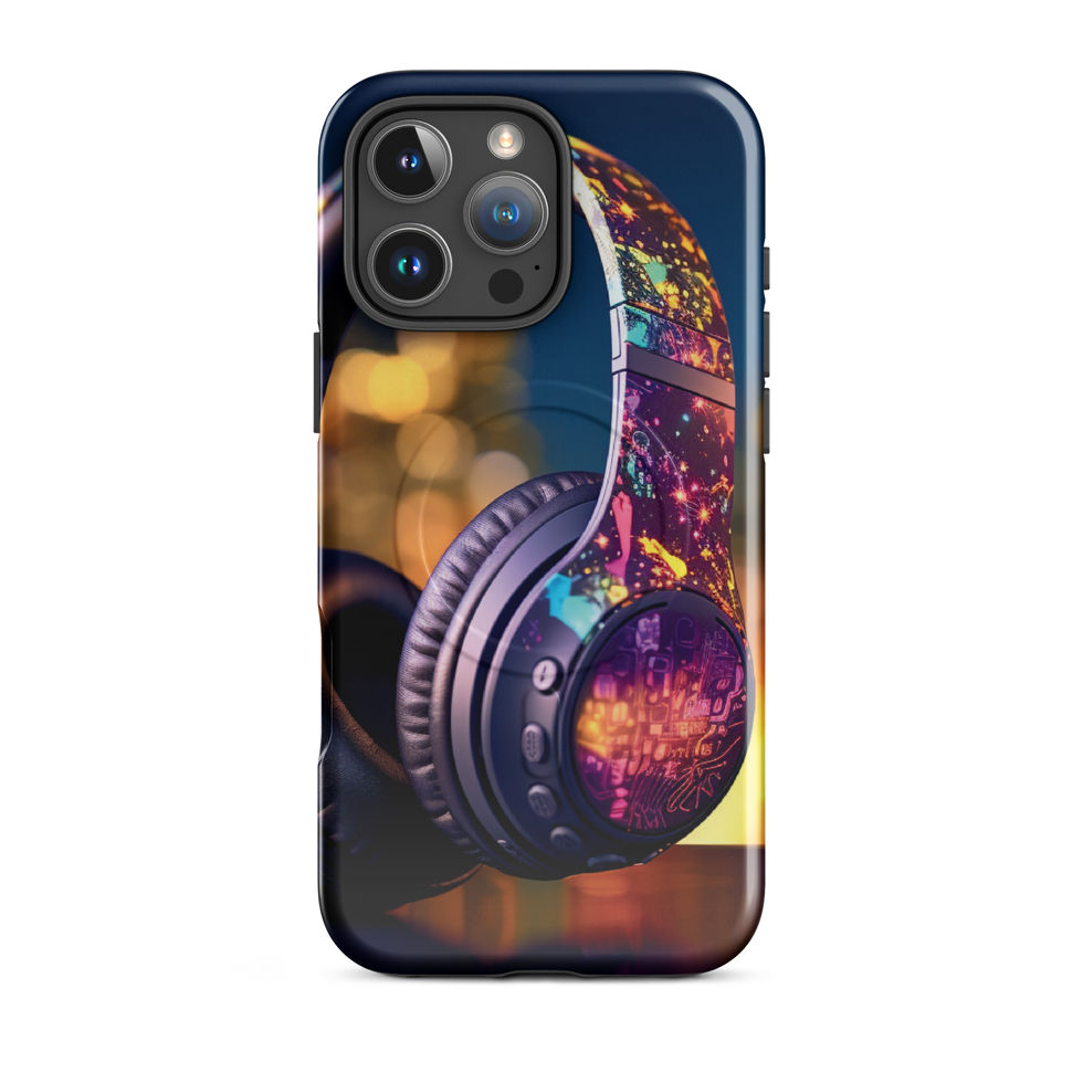 Electric Pulse MagSafe tough case for iPhone 16 Pro Max showing colourful headphones against warm lights