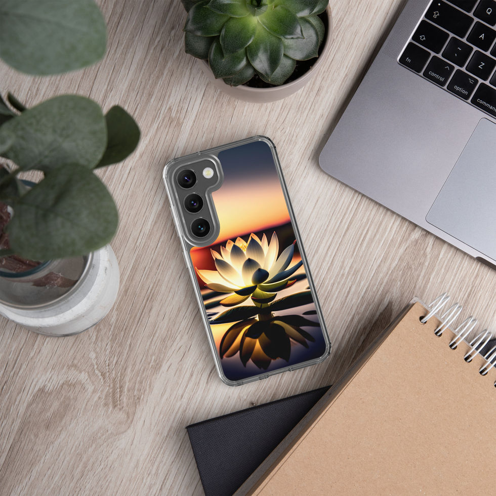 Sunlit Lotus Samsung clear case on a laptop desk; meditative figure in a golden floral setting.