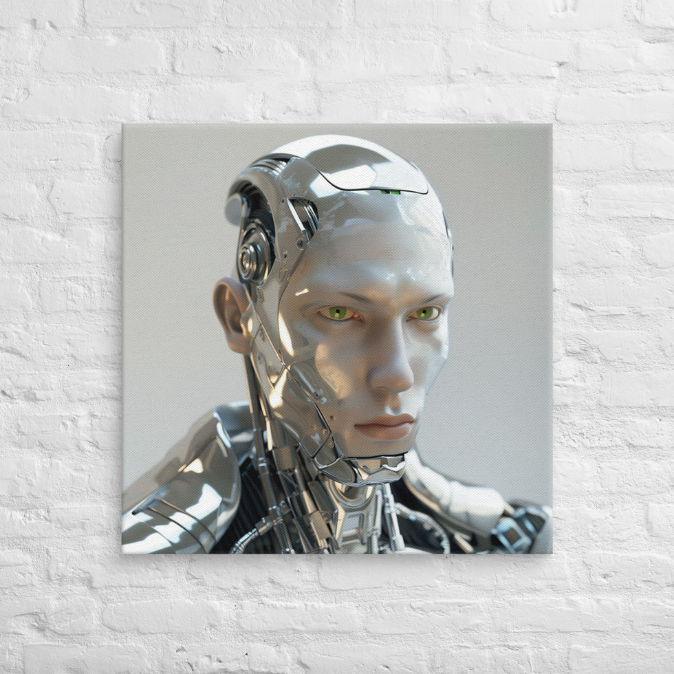 Cyborg Genesis canvas: angular chrome cheekbones bordering pale lips
