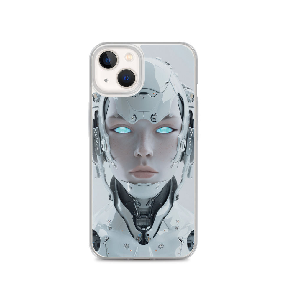 Centred robot portrait with angular forehead armour; angled case mockup on an iPhone® Clear Case.