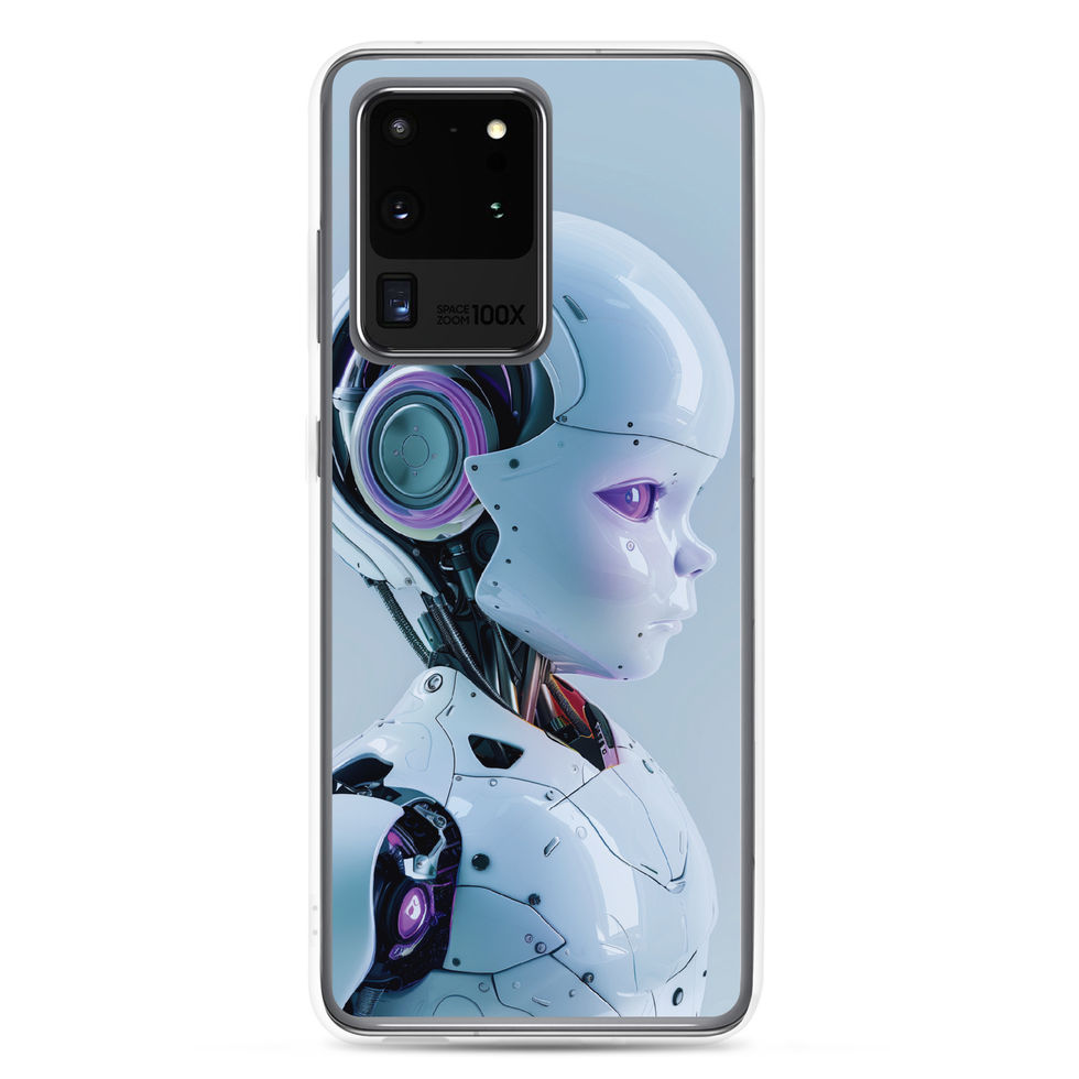 Nano Blossom futuristic humanoid artwork on a transparent Samsung case