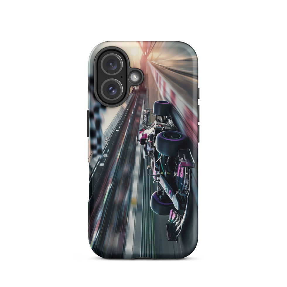 Midnight Velocity Tough case for iPhone 16, race car and night lights, rear view on white