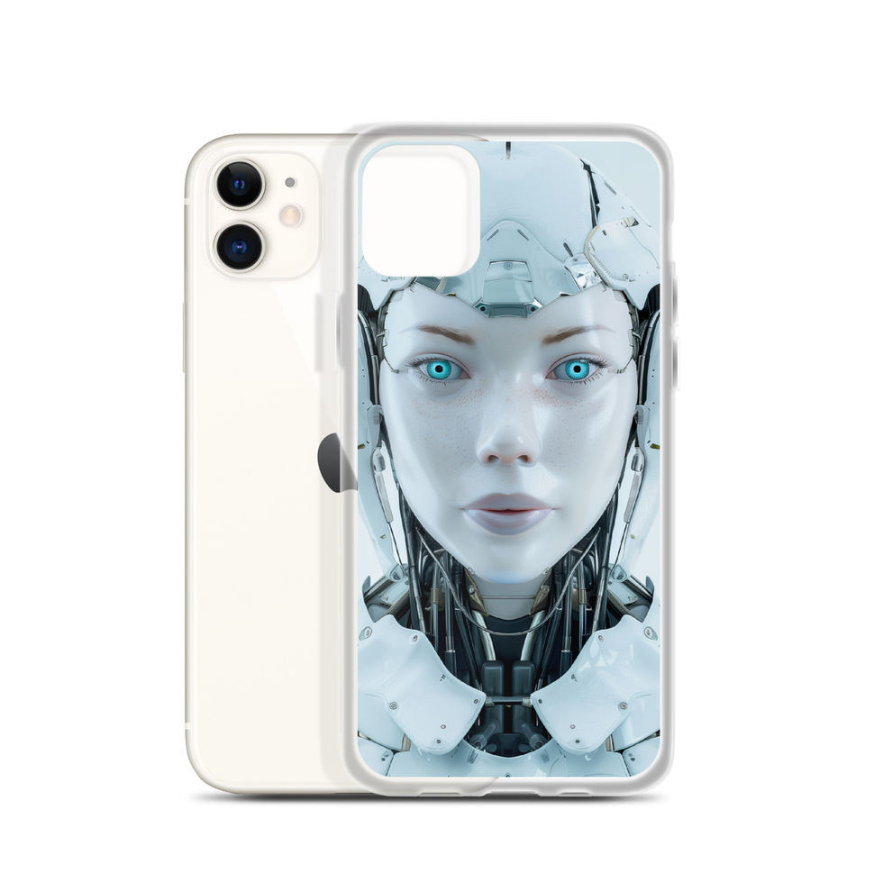 Porcelain-white robot portrait on a transparent iPhone case – angled case mockup