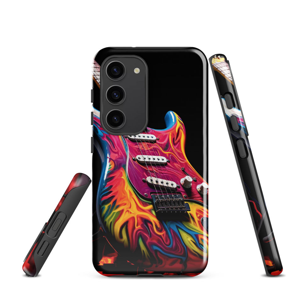 Flaming Riffs protective Samsung Tough Case on a plant-filled office, featuring the flame-wrapped guitar artwork, image 5.