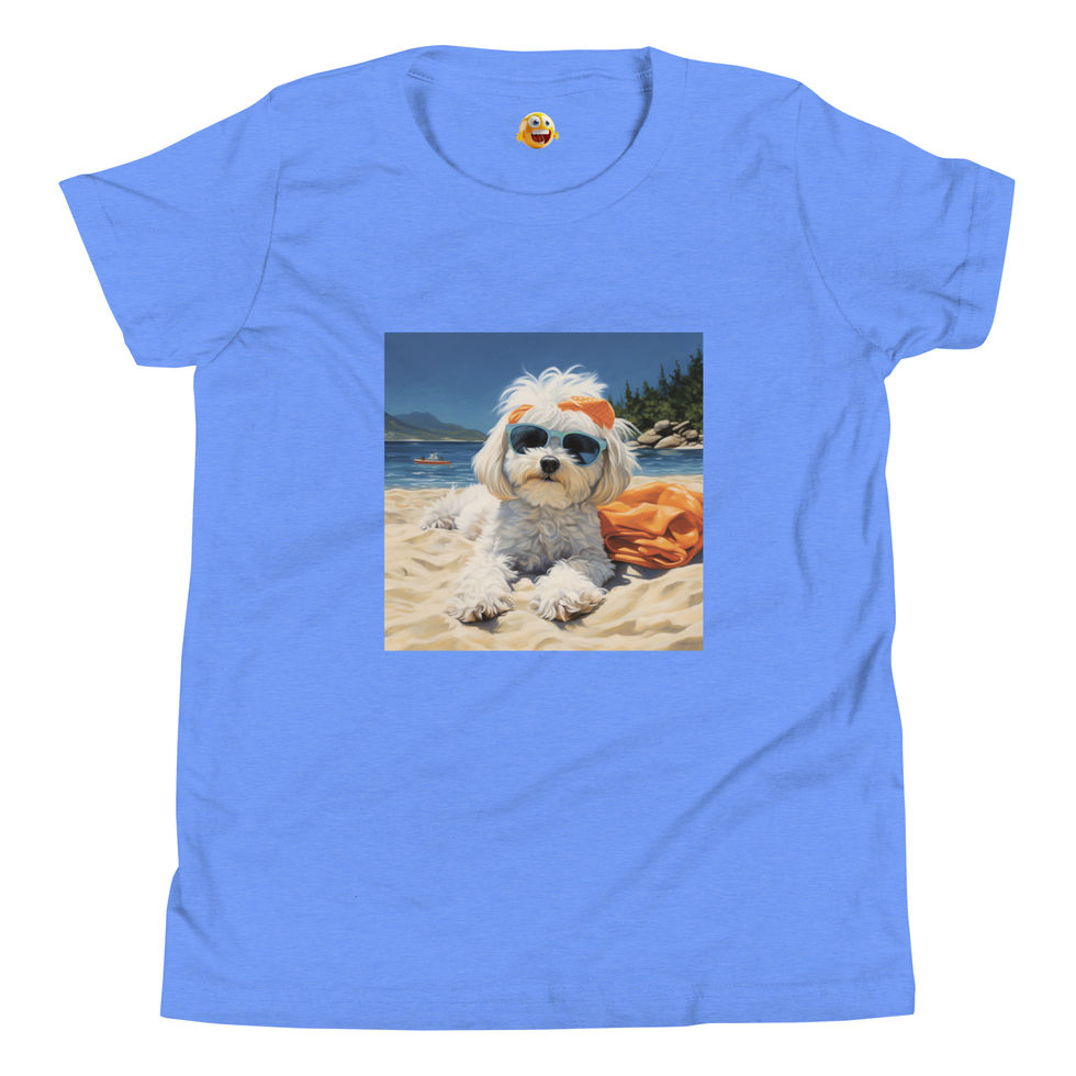 Sandy Sunshine: heather light blue youth short-sleeve T-shirt with a puppy wearing sunglasses on a beach