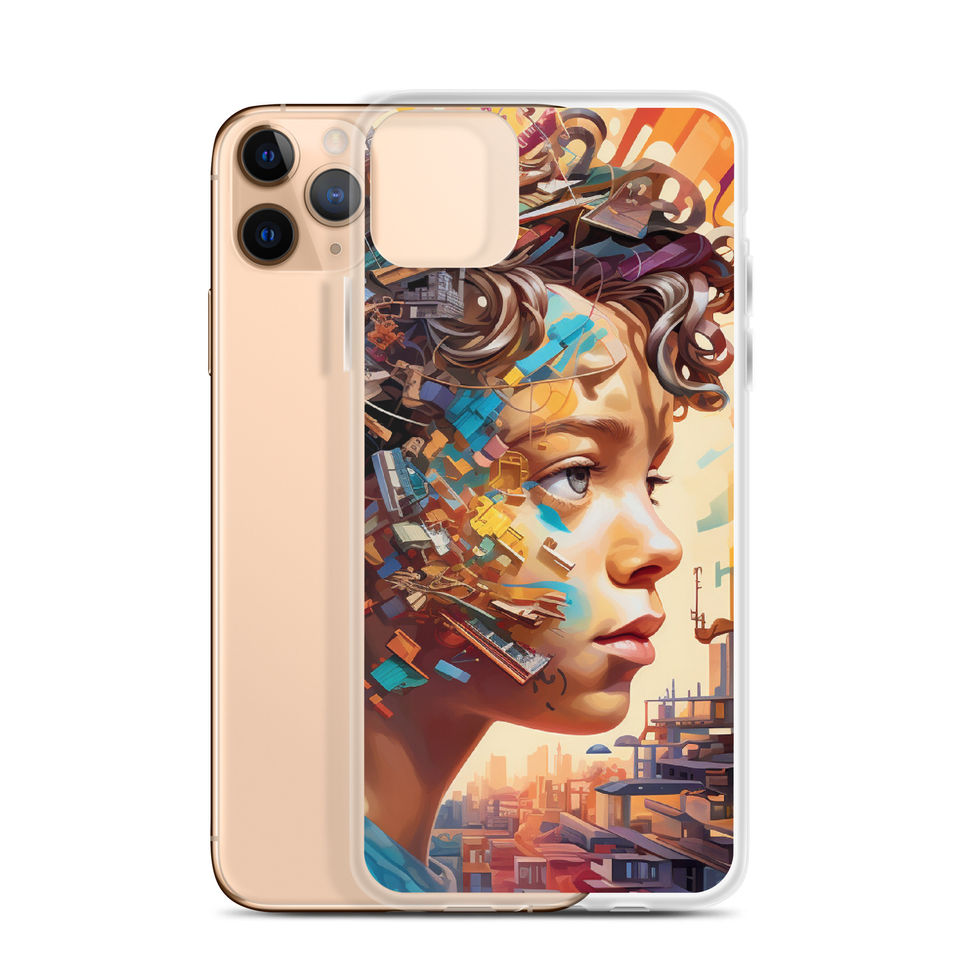 Constructed Dreams clear iPhone case with mechanical surreal artwork, left angle, image 3