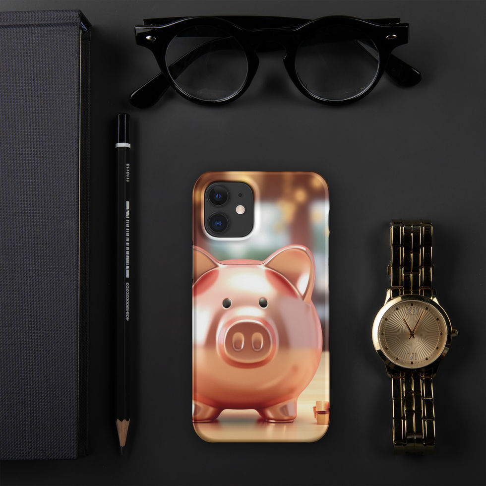 Golden Fortune snap iPhone case on a black desk with glasses and a watch, showing soft amber light around the pig figure.