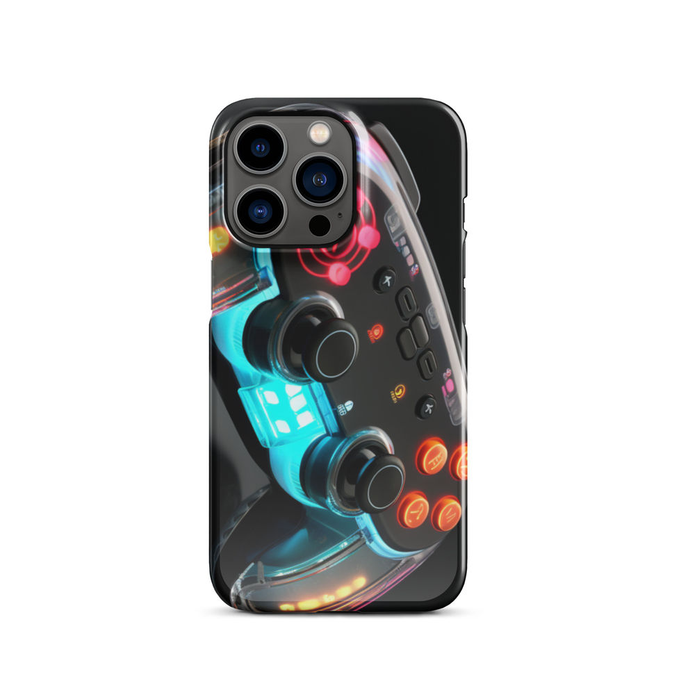 Neon Cyber Controller slim snap case for iPhone 13, shown beside black headphones on a light stone surface, image 11